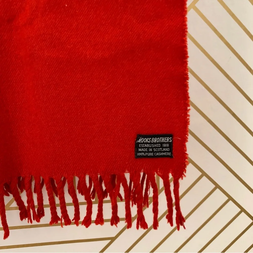 Brooks Brothers 100% Cashmere Scarf fringe red made in Scotland raw hem unisex
